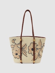 Reiss Natural Rae Raffia-Effect Embroidered Tote Bag - Image 2 of 6