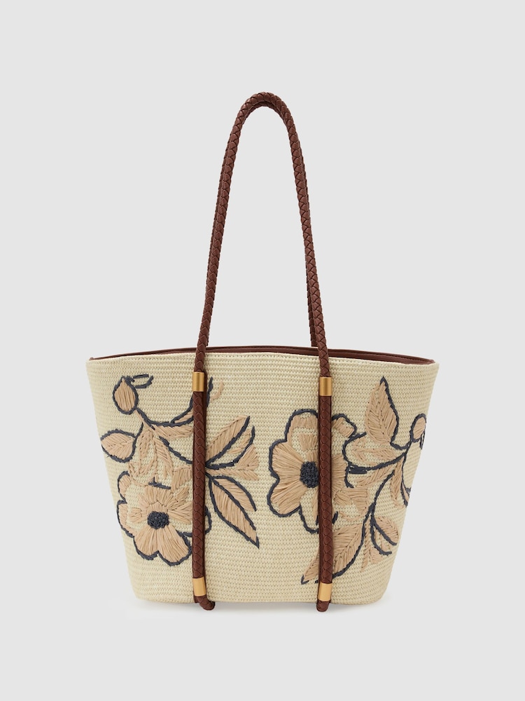 Reiss Natural Rae Raffia-Effect Embroidered Tote Bag - Image 2 of 6