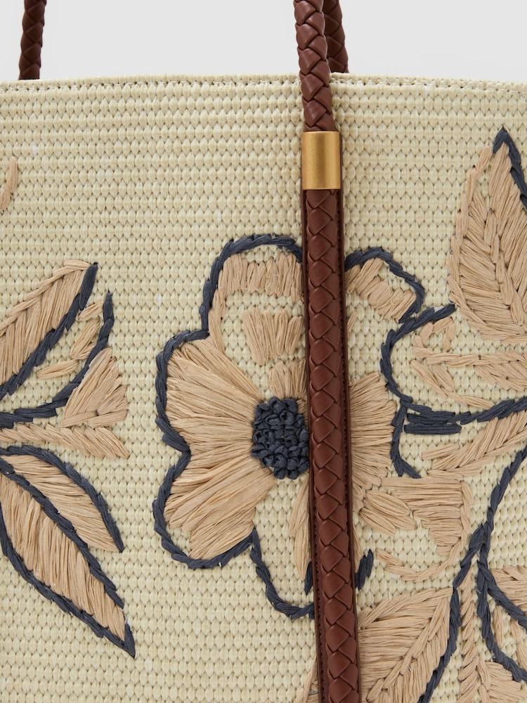 Reiss Natural Rae Raffia-Effect Embroidered Tote Bag - Image 6 of 6