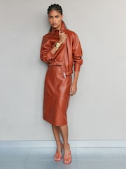 Reiss Rust Orange Miley Leather Midi Pencil Skirt - Image 1 of 7