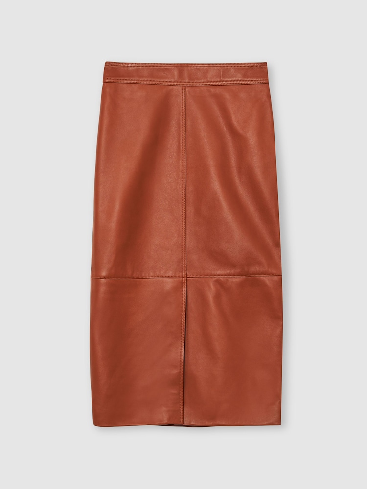 Reiss Rust Orange Miley Leather Midi Pencil Skirt - Image 2 of 7 Reiss Rust Orange Miley Leather Midi Pencil Skirt - Image 2 of 7