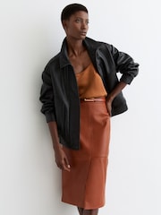 Reiss Rust Orange Miley Leather Midi Pencil Skirt - Image 3 of 7