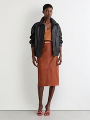 Reiss Rust Orange Miley Leather Midi Pencil Skirt - Image 4 of 7