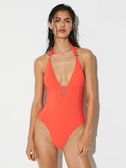 Reiss Coral Orange Delta Mesh-Insert Halterneck Swimsuit - Image 3 of 6