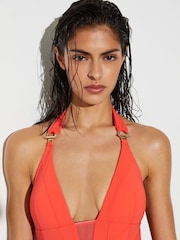 Reiss Coral Orange Delta Mesh-Insert Halterneck Swimsuit - Image 4 of 6