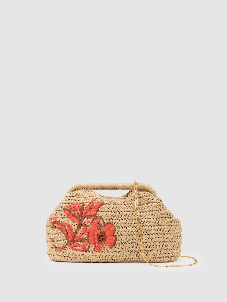 Reiss Natural Gina Raffia-Effect Embroidered Clutch Bag - Image 2 of 6