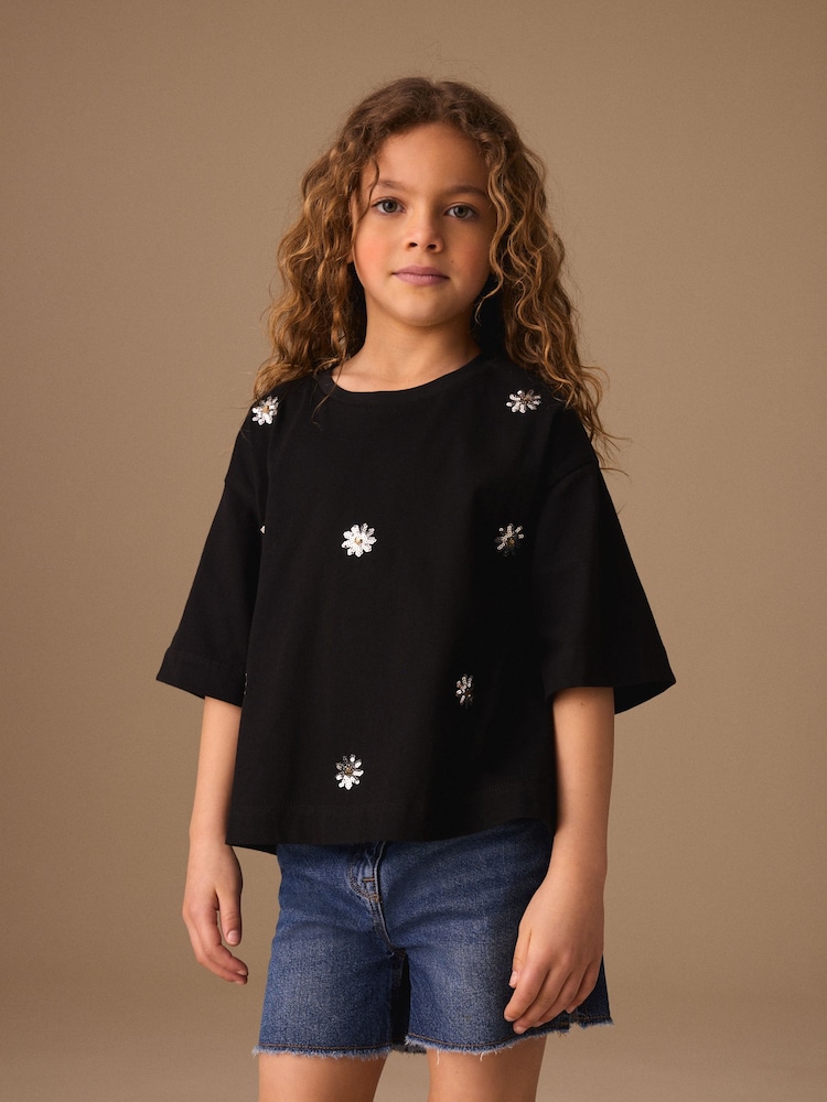 Black Flower Oversized Boxy Sequin T-Shirt (3-16yrs) - Image 1 of 3