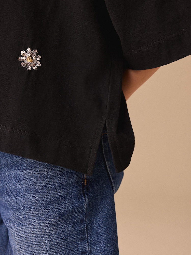 Black Flower Oversized Boxy Sequin T-Shirt (3-16yrs) - Image 3 of 3