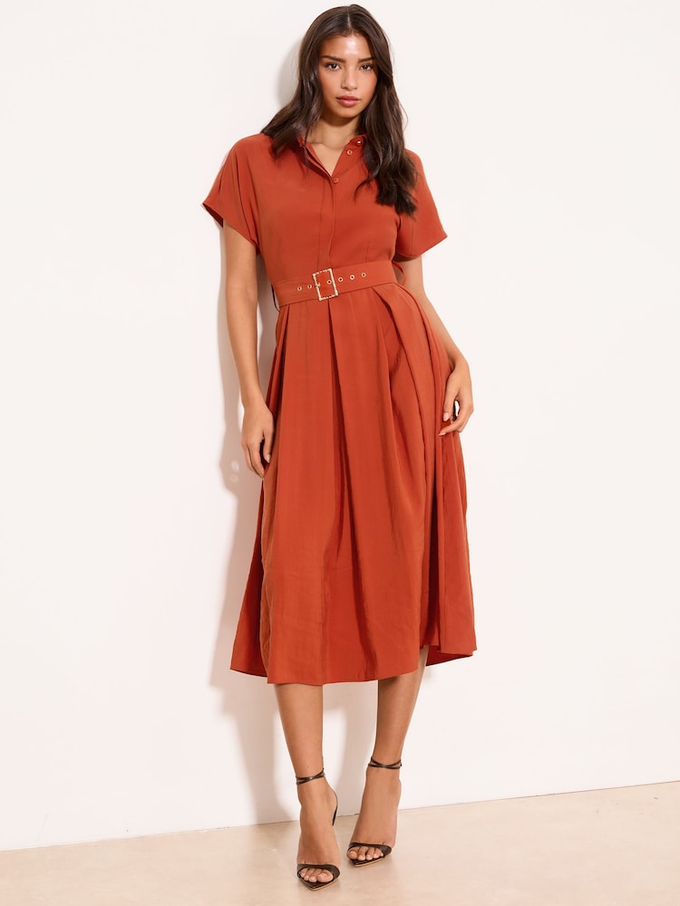 Lipsy Rust Brown Viscose Belted Collar Shirt Midi Dress - Image 1 of 5