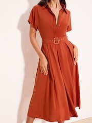 Lipsy Rust Brown Viscose Belted Collar Shirt Midi Dress - Image 2 of 5