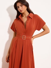 Lipsy Rust Brown Viscose Belted Collar Shirt Midi Dress - Image 3 of 5