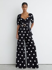 Reiss Navy/Ivory Brook Linen Polka-Dot Wide-Leg Jumpsuit - Image 1 of 6