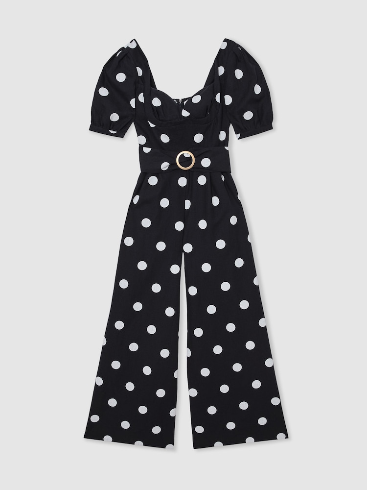 Reiss Navy/Ivory Brook Linen Polka-Dot Wide-Leg Jumpsuit - Image 2 of 6