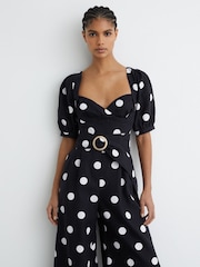 Reiss Navy/Ivory Brook Linen Polka-Dot Wide-Leg Jumpsuit - Image 3 of 6