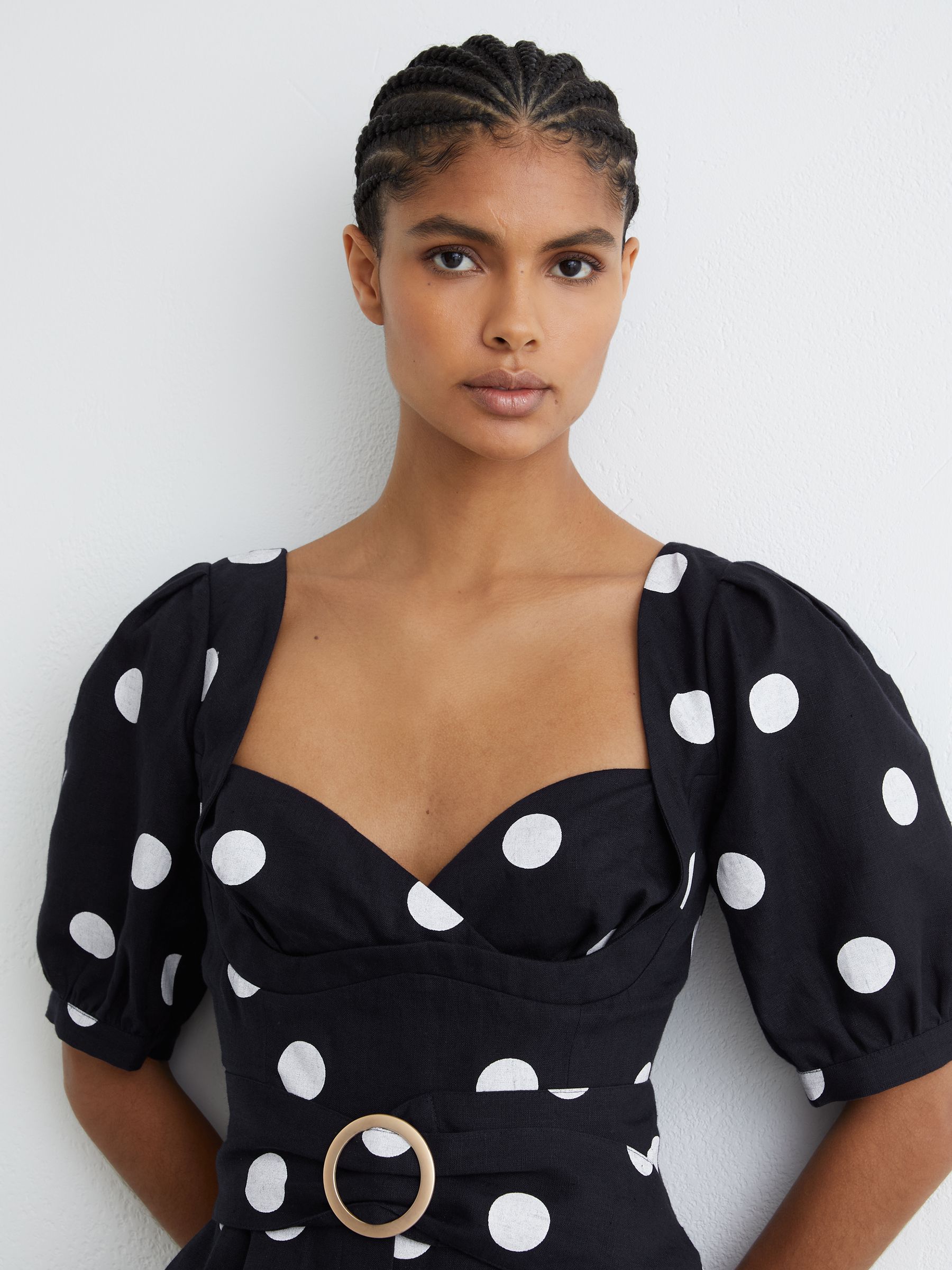 Buy Reiss Navy/Ivory Brook Linen Polka-Dot Wide-Leg Jumpsuit from