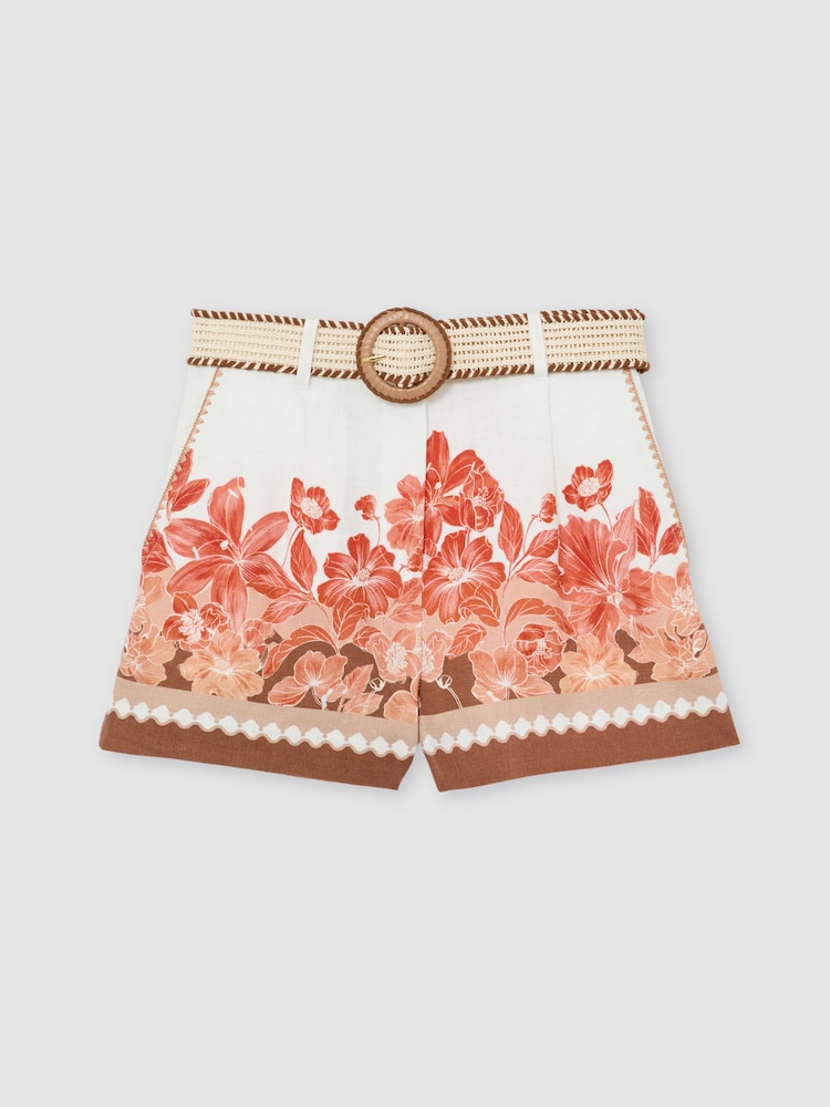 Reiss Pink Print Samira Linen Floral-Print Belted Shorts - Image 2 of 6