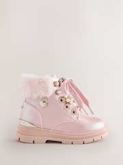 Baker by Ted Baker Faux Fur Cuff Metallic Pink Charm Boots - Image 1 of 5