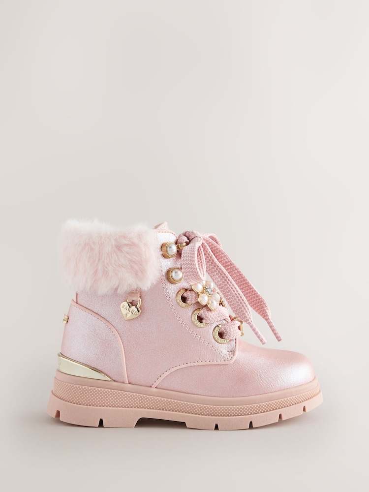 Baker by Ted Baker Faux Fur Cuff Metallic Pink Charm Boots - Image 1 of 5 Baker by Ted Baker Faux Fur Cuff Metallic Pink Charm Boots - Image 1 of 5
