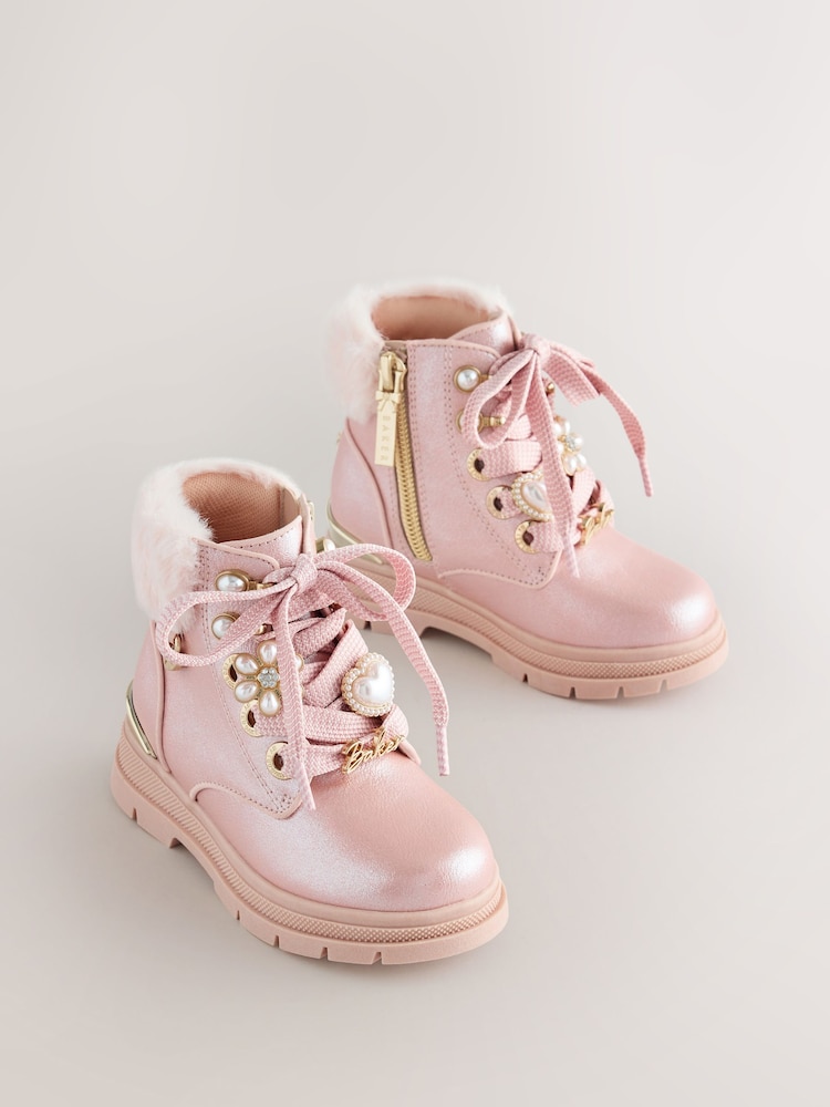 Baker by Ted Baker Faux Fur Cuff Metallic Pink Charm Boots - Image 2 of 5 Baker by Ted Baker Faux Fur Cuff Metallic Pink Charm Boots - Image 2 of 5