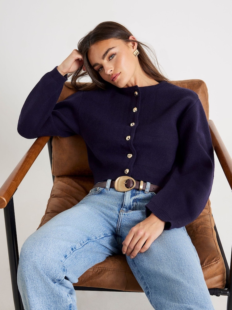 River Island Blue Knitted Structured Sleeve Cardigan - Image 1 of 3 River Island Blue Knitted Structured Sleeve Cardigan - Image 1 of 3