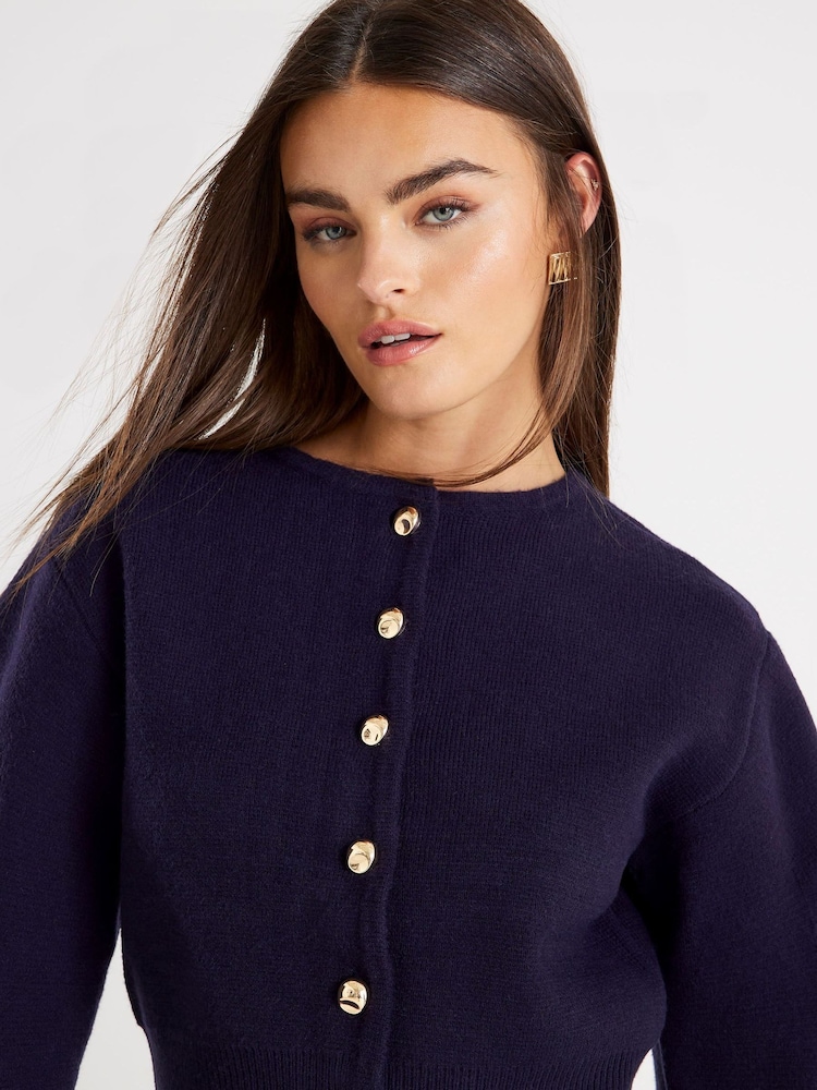 River Island Blue Knitted Structured Sleeve Cardigan - Image 2 of 3 River Island Blue Knitted Structured Sleeve Cardigan - Image 2 of 3