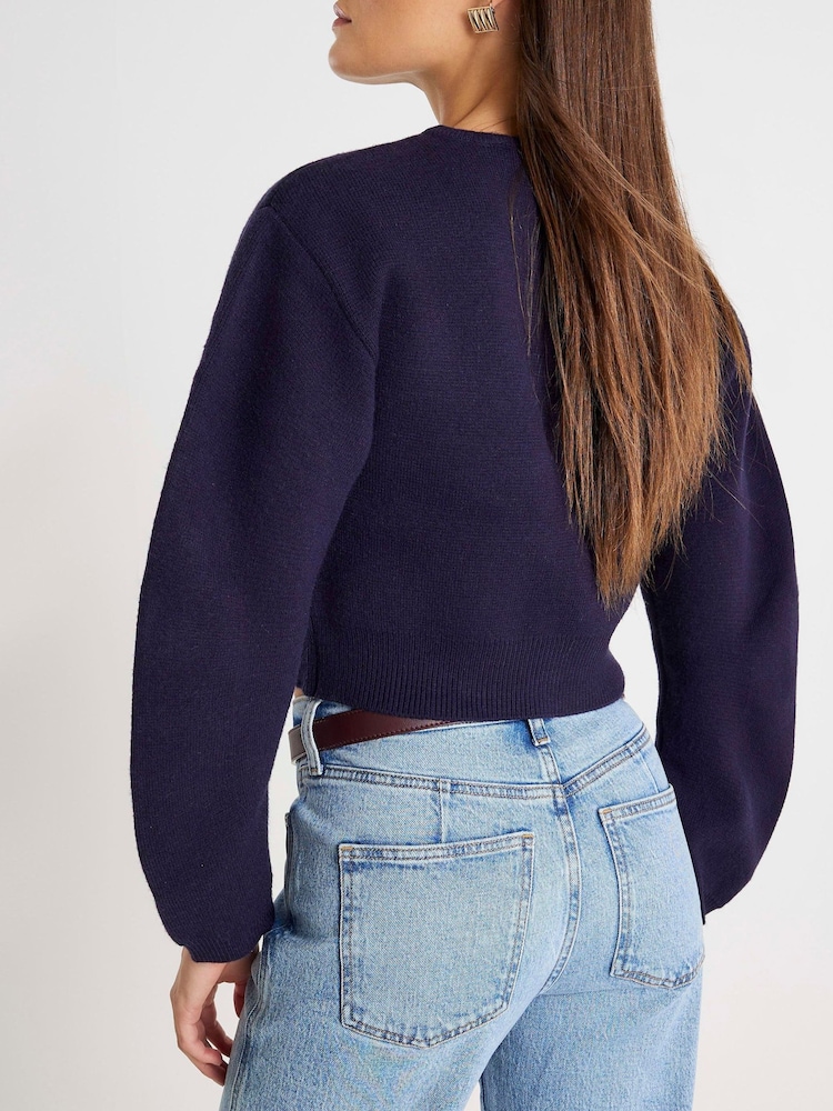 River Island Blue Knitted Structured Sleeve Cardigan - Image 3 of 3 River Island Blue Knitted Structured Sleeve Cardigan - Image 3 of 3