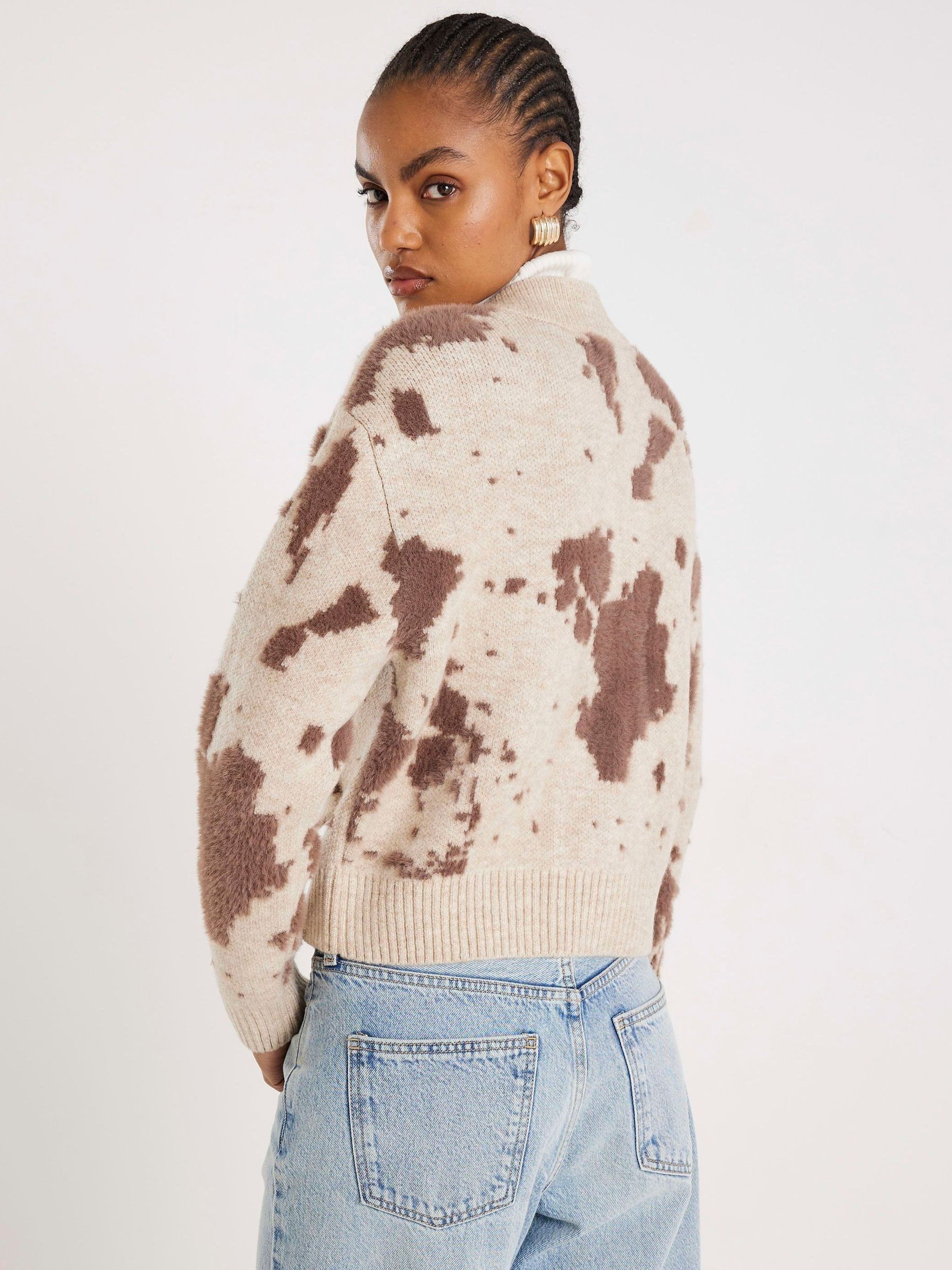 Buy River Island Cream Cow Print Knitted Bomber Jacket from Next USA