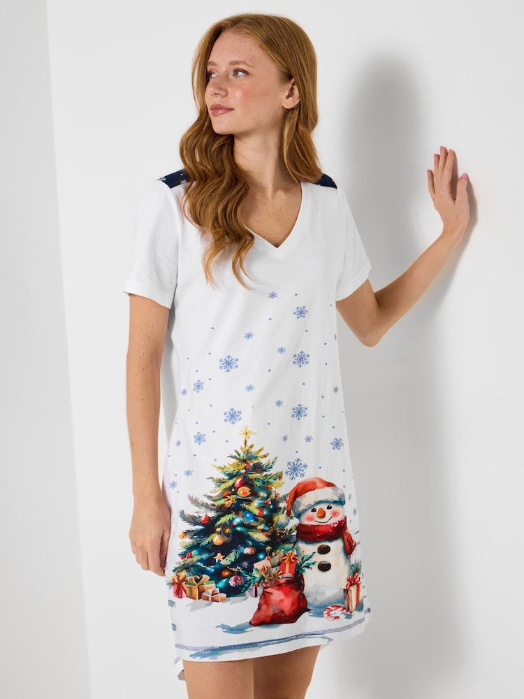 Joe Browns White Snowman Festive Jersey Nightie - Image 1 of 5 Joe Browns White Snowman Festive Jersey Nightie - Image 1 of 5