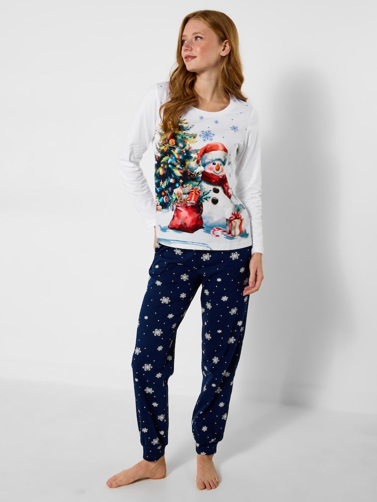 Joe Browns Blue Snowman Festive Pyjamas Set - Image 1 of 8 Joe Browns Blue Snowman Festive Pyjamas Set - Image 1 of 8