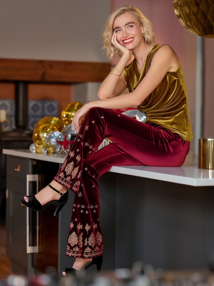 Joe Browns Red Embroidered Velvet Flared Trousers - Image 2 of 7 Joe Browns Red Embroidered Velvet Flared Trousers - Image 2 of 7
