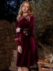 Joe Browns Red Embroidered Stretchy Velvet Dress - Image 1 of 7