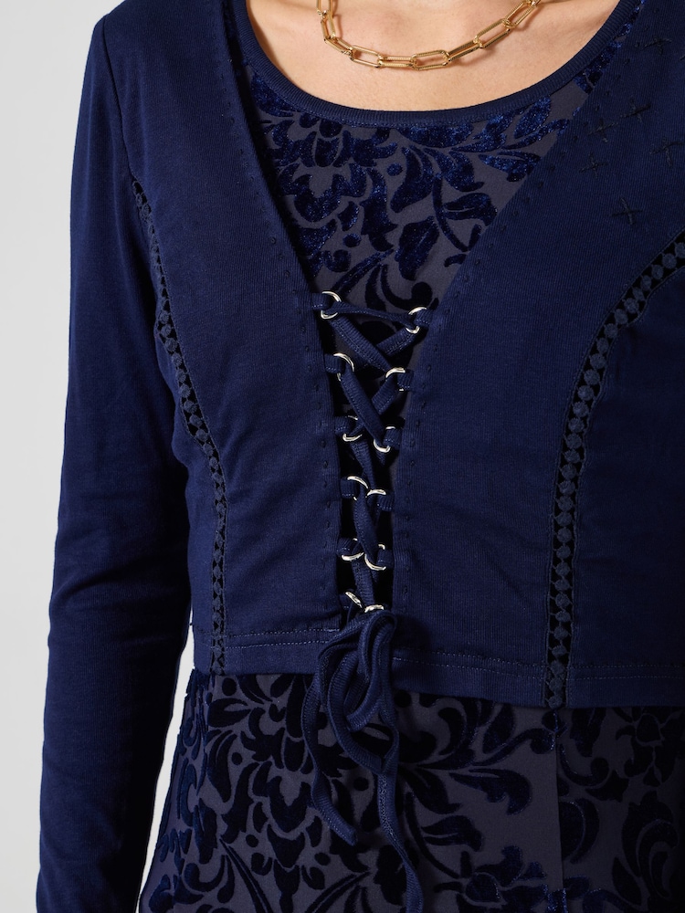 Joe Browns Blue Lace-Up Devore Tunic Top - Image 2 of 5 Joe Browns Blue Lace-Up Devore Tunic Top - Image 2 of 5