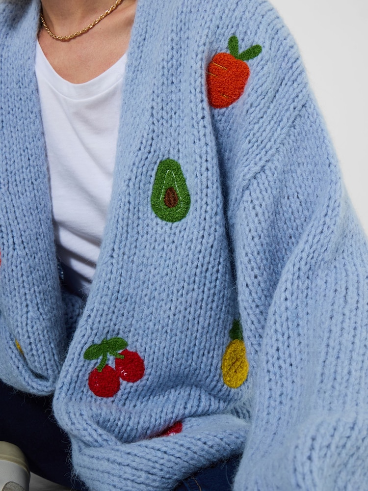 Joe Browns Blue Oversized Fruit Detail Cardigan - Image 2 of 5 Joe Browns Blue Oversized Fruit Detail Cardigan - Image 2 of 5