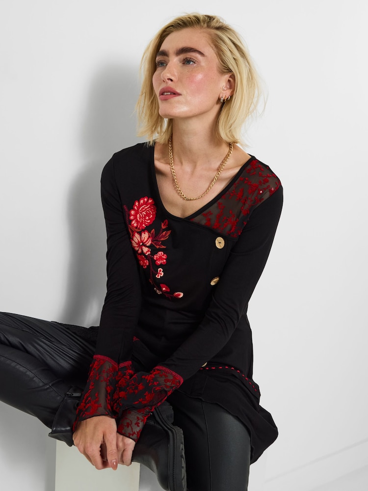 Joe Browns Black Floral Embroidered Tunic Top - Image 1 of 5 Joe Browns Black Floral Embroidered Tunic Top - Image 1 of 5