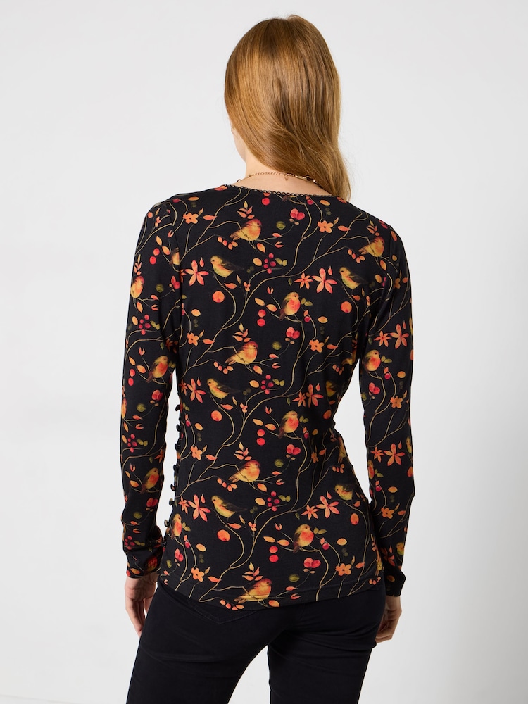 Joe Browns Black Robin Print Jersey Wrap Blouse - Image 2 of 6 Joe Browns Black Robin Print Jersey Wrap Blouse - Image 2 of 6