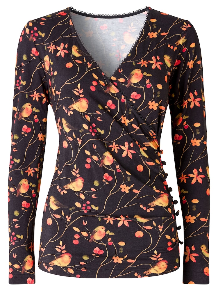 Joe Browns Black Robin Print Jersey Wrap Blouse - Image 6 of 6 Joe Browns Black Robin Print Jersey Wrap Blouse - Image 6 of 6