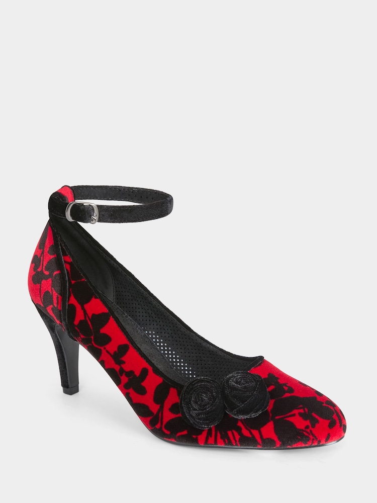 Joe Browns Red Floral Print Velvet Shoes - Image 2 of 4 Joe Browns Red Floral Print Velvet Shoes - Image 2 of 4