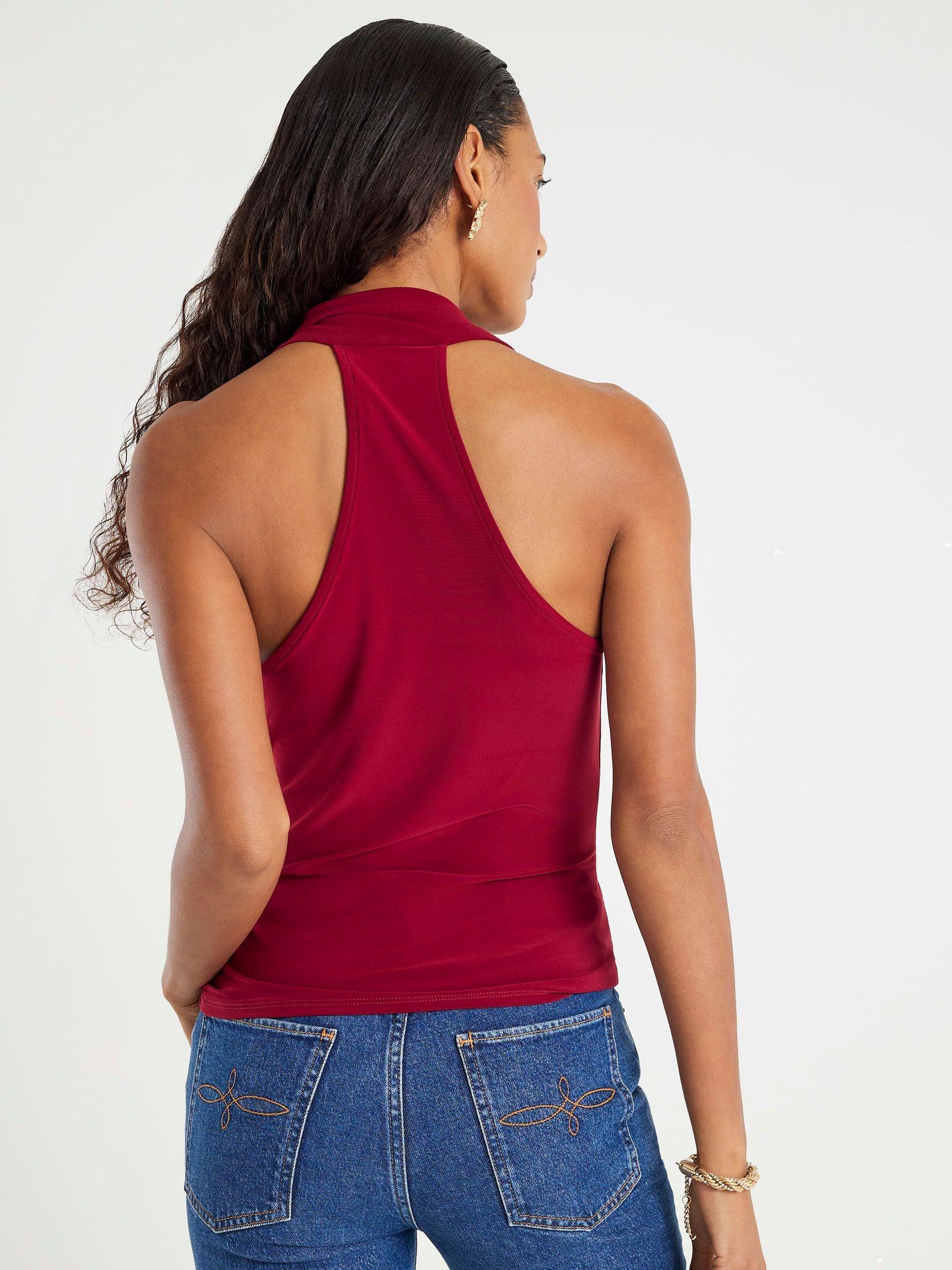 Buy River Island Red Sleeveless Drape Halter Neck Top from the