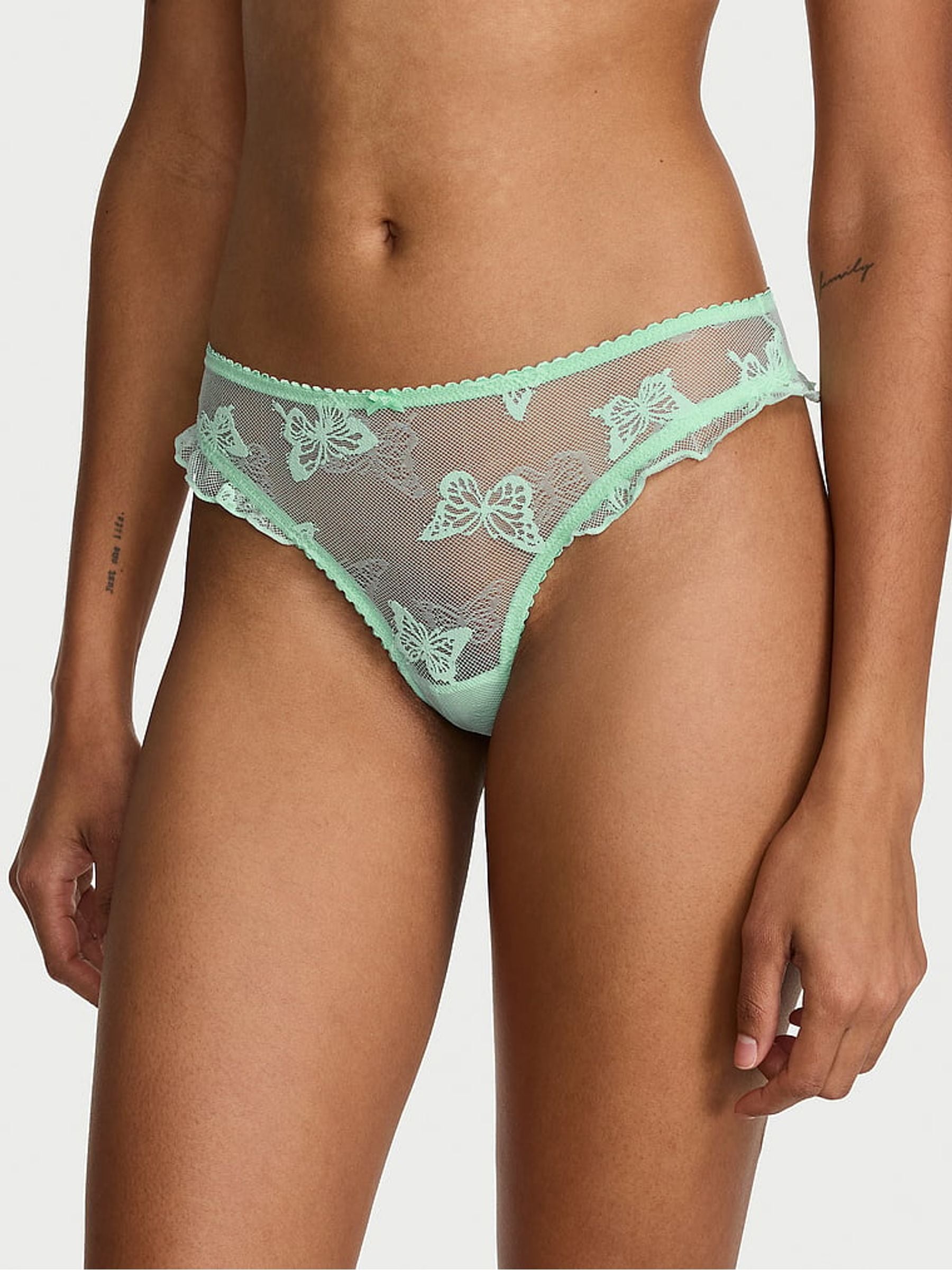 Victoria's Secret Spring Mint Green Thong Butterfly Mesh Knickers