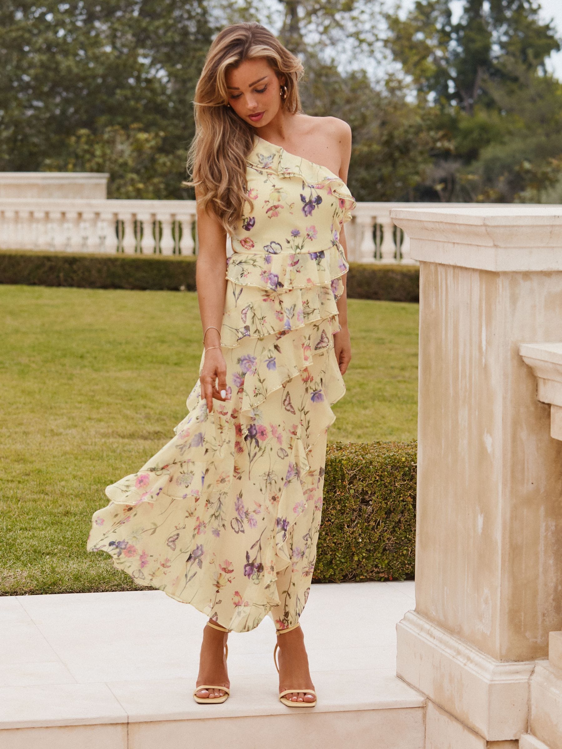 lipsy one shoulder dress Buy Lipsy Yellow Petite One Shoulder Floral Print Embellished Detail Fit  And Flare Ruffle Maxi Dress from Next USA