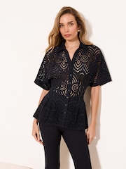 Lipsy Black Broderie Cinched Waist Shirt - Image 2 of 5