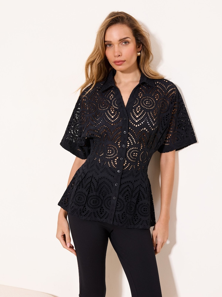 Lipsy Black Broderie Cinched Waist Shirt - Image 2 of 5