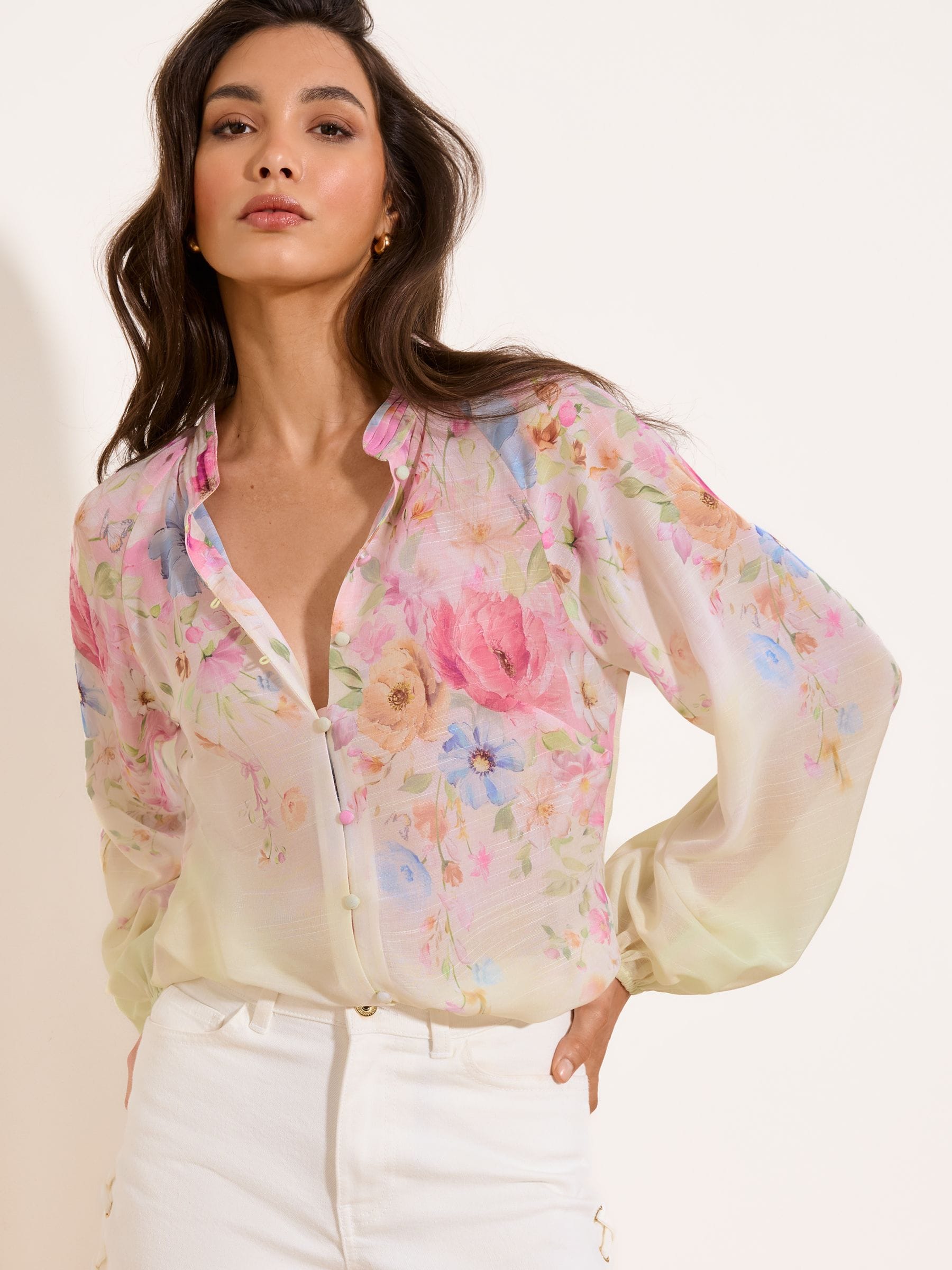 Buy Lipsy Yellow Floral Print Long Sleeve Grandad Blouse from the