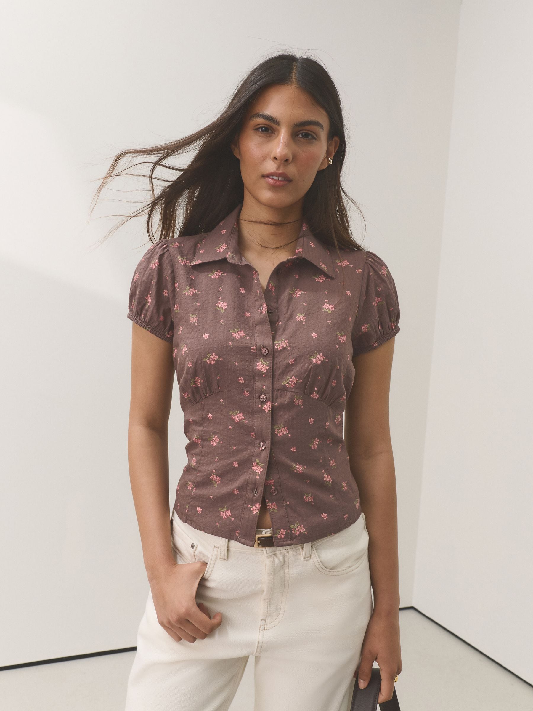 Buy Chocolate Brown Ditsy Floral Print Short Sleeve Button Front