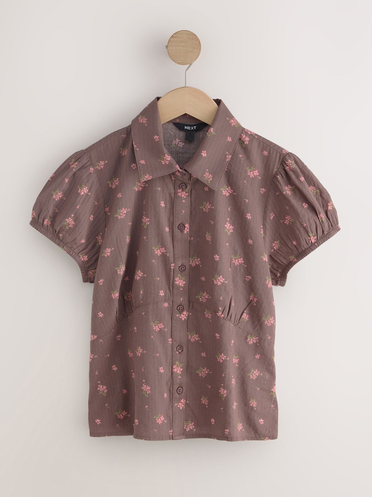 Chocolate Brown Ditsy Floral Print Short Sleeve Button Front Top - Image 1 of 3 Chocolate Brown Ditsy Floral Print Short Sleeve Button Front Top - Image 1 of 3