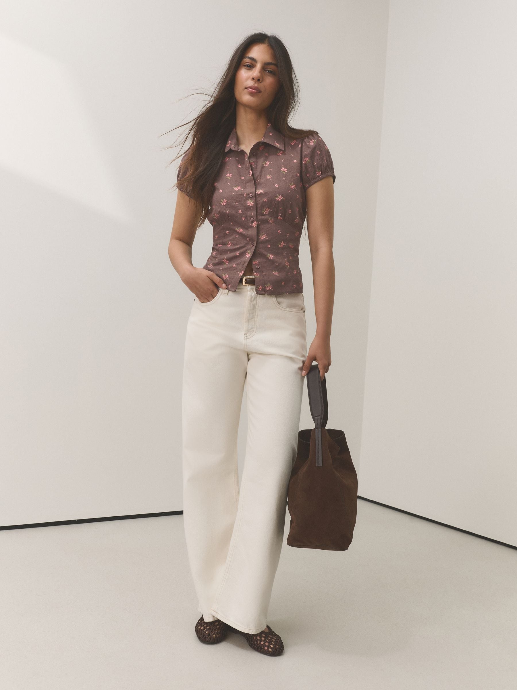 Buy Chocolate Brown Ditsy Floral Print Short Sleeve Button Front