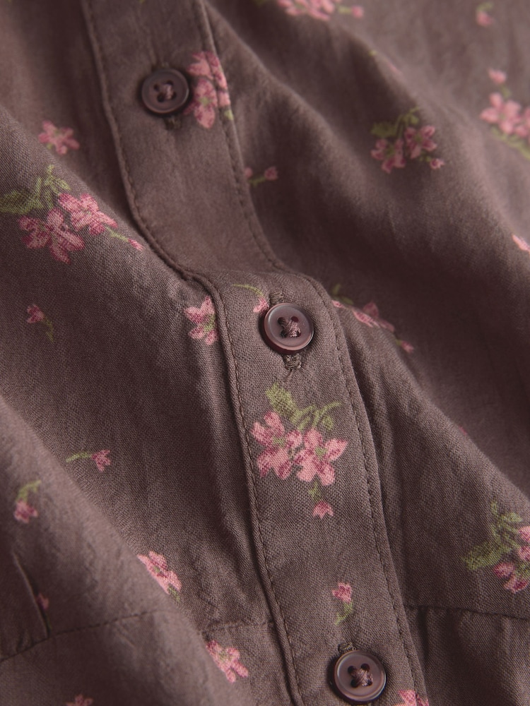 Chocolate Brown Ditsy Floral Print Short Sleeve Button Front Top - Image 2 of 3 Chocolate Brown Ditsy Floral Print Short Sleeve Button Front Top - Image 2 of 3