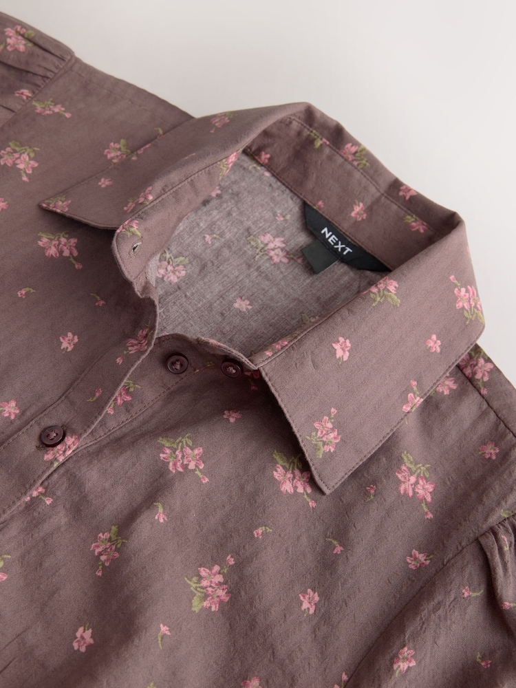 Chocolate Brown Ditsy Floral Print Short Sleeve Button Front Top - Image 3 of 3 Chocolate Brown Ditsy Floral Print Short Sleeve Button Front Top - Image 3 of 3