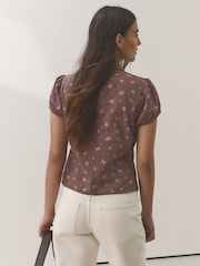 Chocolate Brown Ditsy Floral Print Short Sleeve Button Front Top - Image 4 of 8