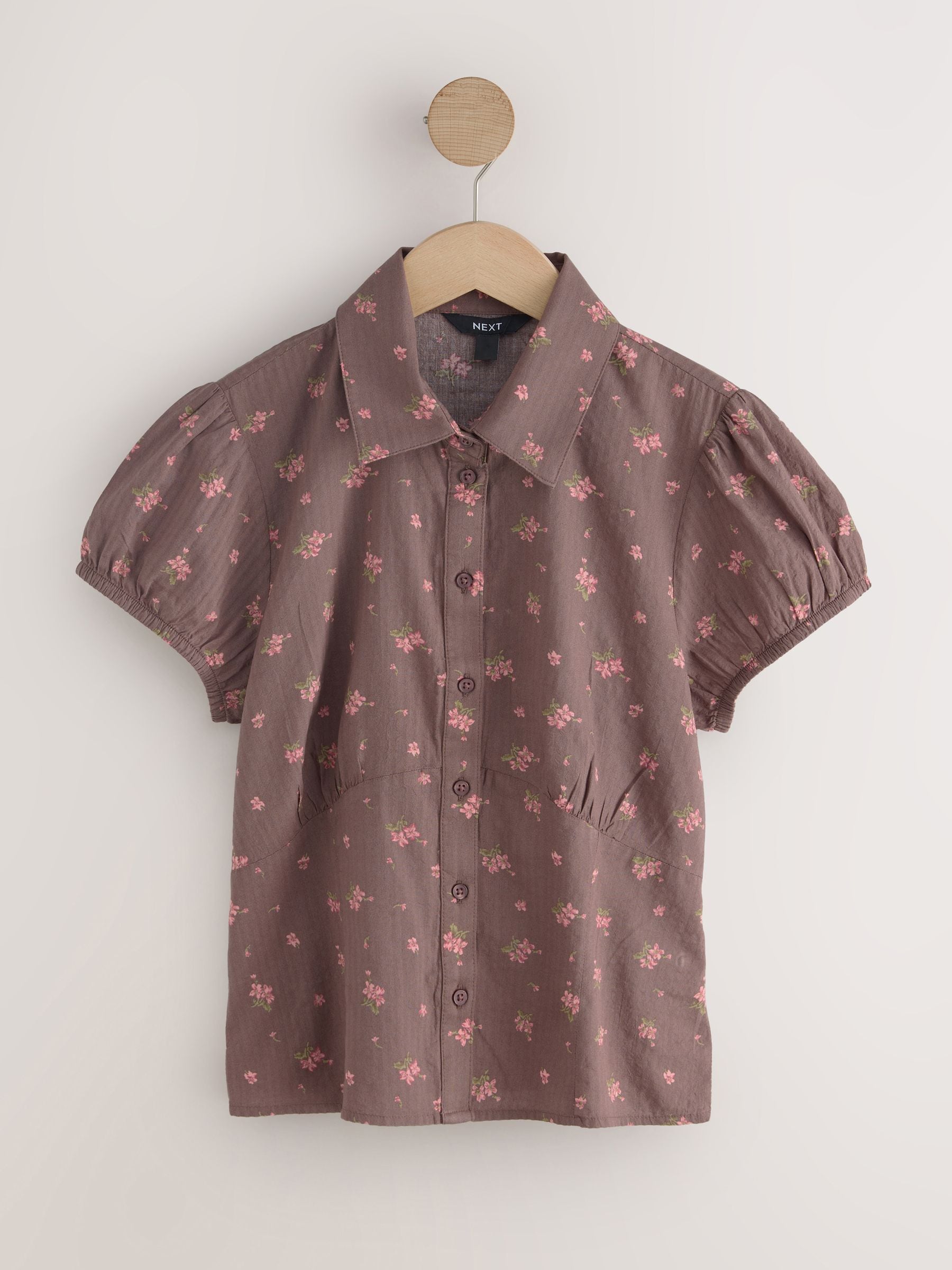 Buy Chocolate Brown Ditsy Floral Print Short Sleeve Button Front